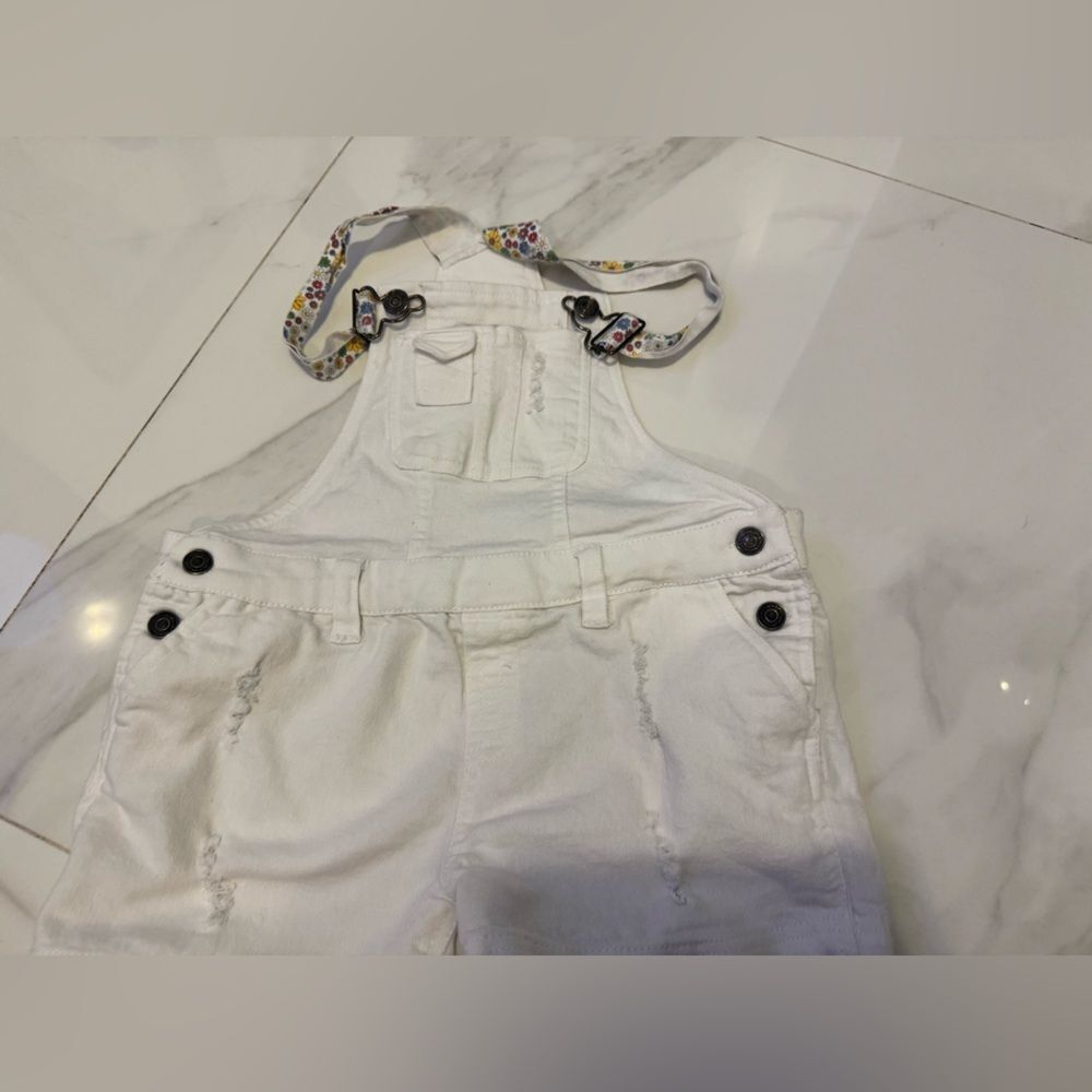Kids White Denim Overalls with Floral Straps #22